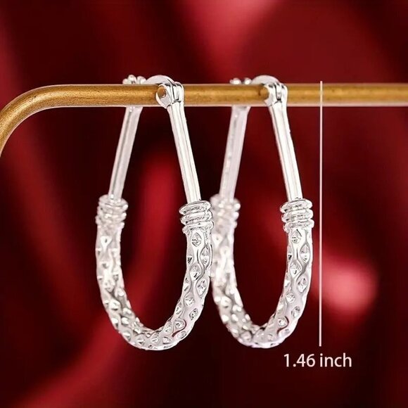 925 Sterling Silver Drop Hoop Earrings - Picture 2 of 8